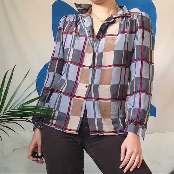 Vintage Tops - Vintage Silky Grid Button Down Blouse